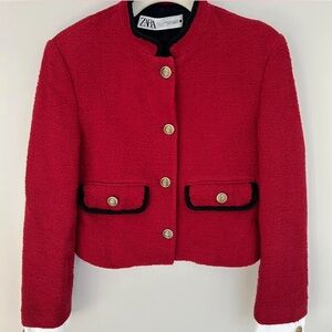 Zara Women's Vibrant Red Blazer with Gold Accents